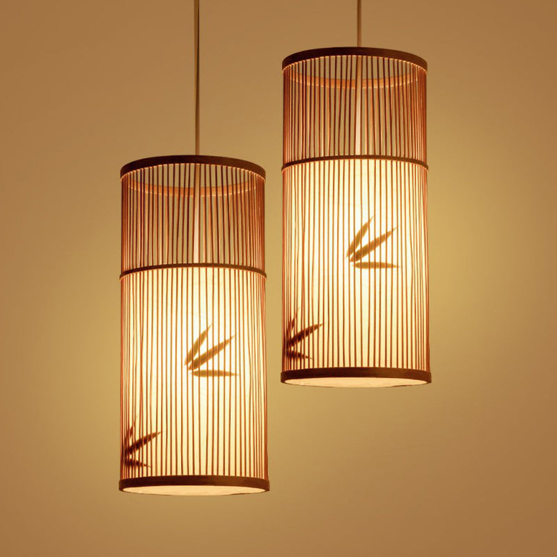 Bamboo Pendant Ceiling Light With Wood Cylindrical Pendulum - Asian Style Single Bulb Ideal For