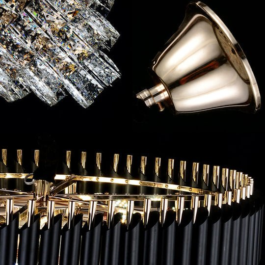 Modern Crystal Pendant Chandelier With Multi-Lights & Black Shade - Circular Hanging Light Kit