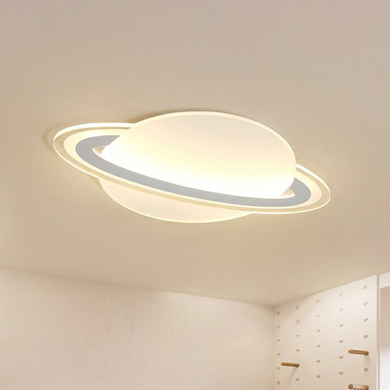 Minimalist Led Flush Lamp For Kids Bedroom: Ringed Planet Ceiling Light In White / 12 Warm