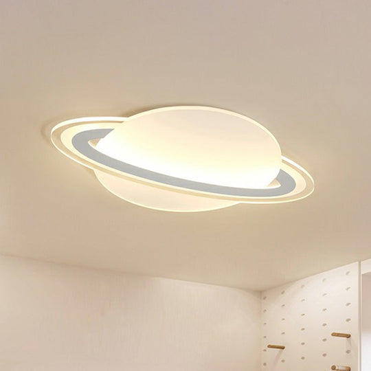 Minimalist Led Flush Lamp For Kids Bedroom: Ringed Planet Ceiling Light In White / 12 Warm