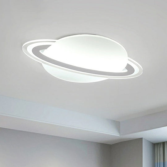 Minimalist Led Flush Lamp For Kids Bedroom: Ringed Planet Ceiling Light In White