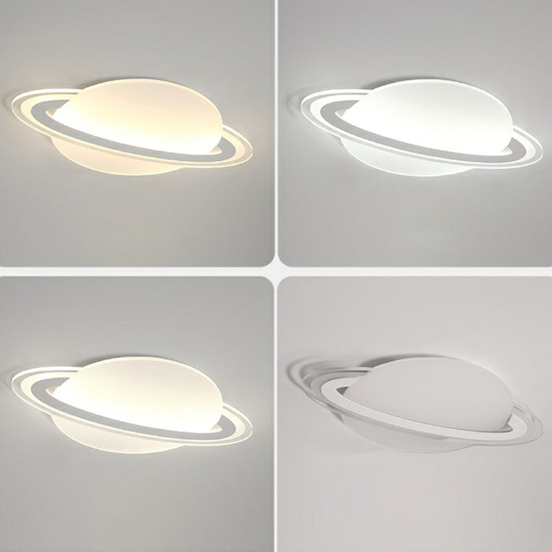 Minimalist Led Flush Lamp For Kids Bedroom: Ringed Planet Ceiling Light In White / 12 Third Gear