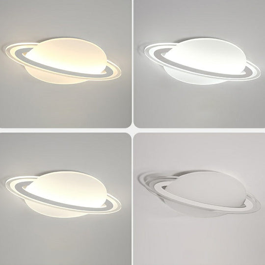 Minimalist Led Flush Lamp For Kids Bedroom: Ringed Planet Ceiling Light In White / 12 Third Gear