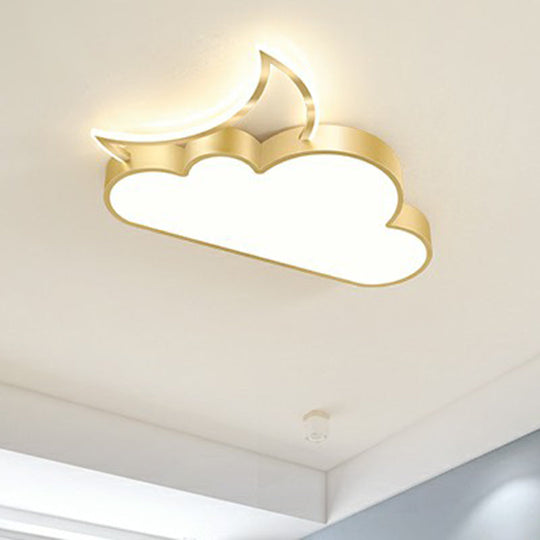 Children’s Metal Moon And Cloud Led Ceiling Fixture For Bedroom - Flush Mount Light