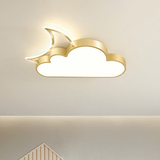 Children’s Metal Moon And Cloud Led Ceiling Fixture For Bedroom - Flush Mount Light