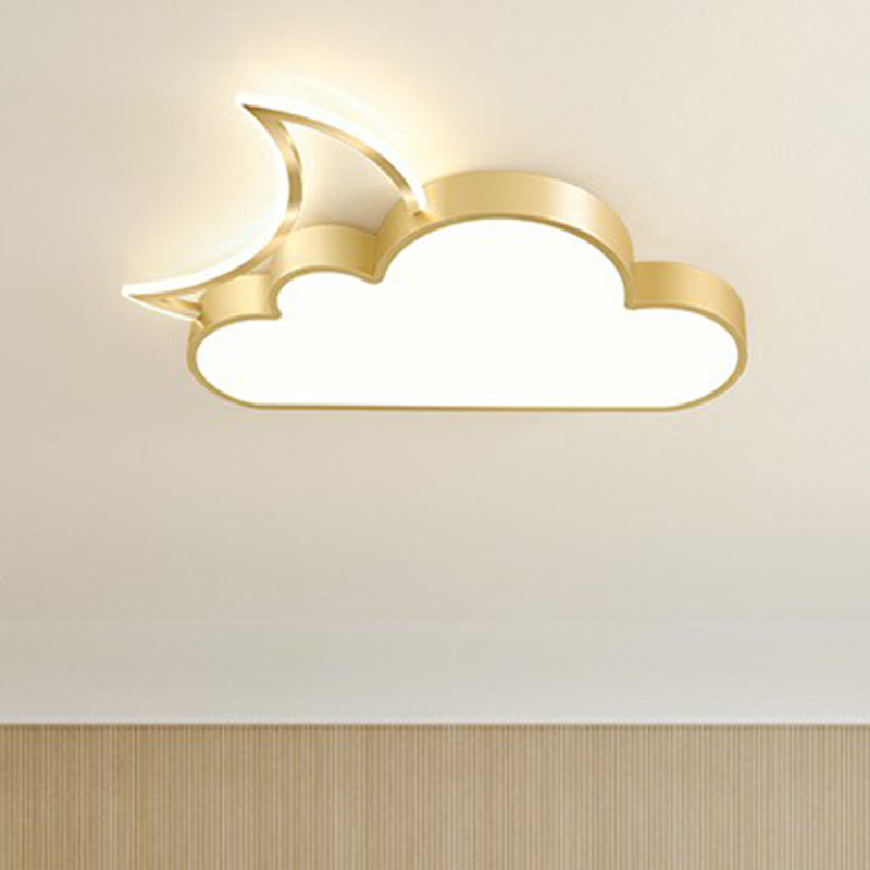 Children’s Metal Moon And Cloud Led Ceiling Fixture For Bedroom - Flush Mount Light