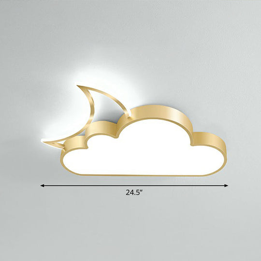 Childrens Metal Moon And Cloud Led Ceiling Fixture For Bedroom - Flush Mount Light Gold / 24.5 White