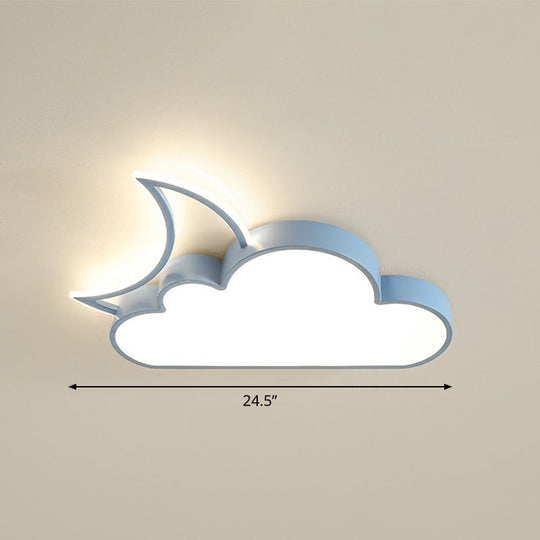 Childrens Metal Moon And Cloud Led Ceiling Fixture For Bedroom - Flush Mount Light Blue / 24.5 Warm
