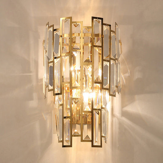 Postmodern Gold Sconce With Crystal Rectangle Shade - 2 Bulbs Living Room Wall Lamp