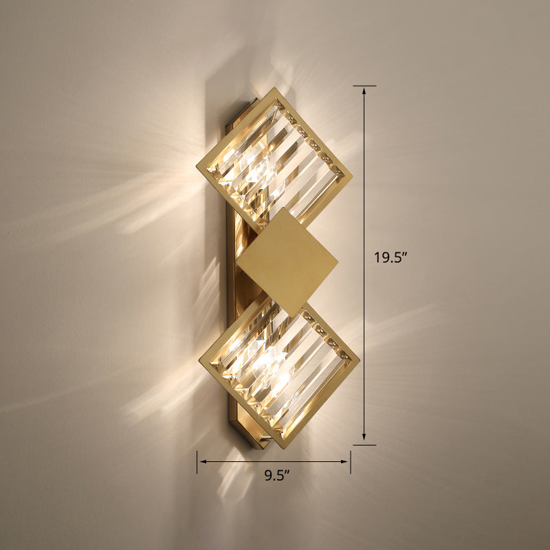 Minimalistic Brass Wall Light With Rhombus Design 2 Bulbs And K9 Crystal Sconce Lamp For Living Room