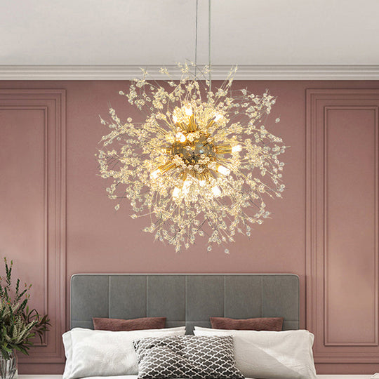 Stylish Dandelion Chandelier With Clear Crystal Beads - Modern Led Ceiling Light For Bedroom Brass
