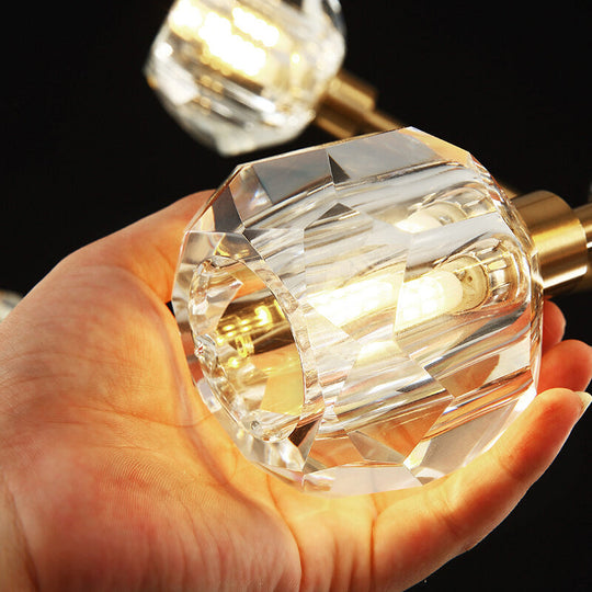 Minimalistic Brass Chandelier With Faceted Crystal Balls - Living Room Hanging Lamp