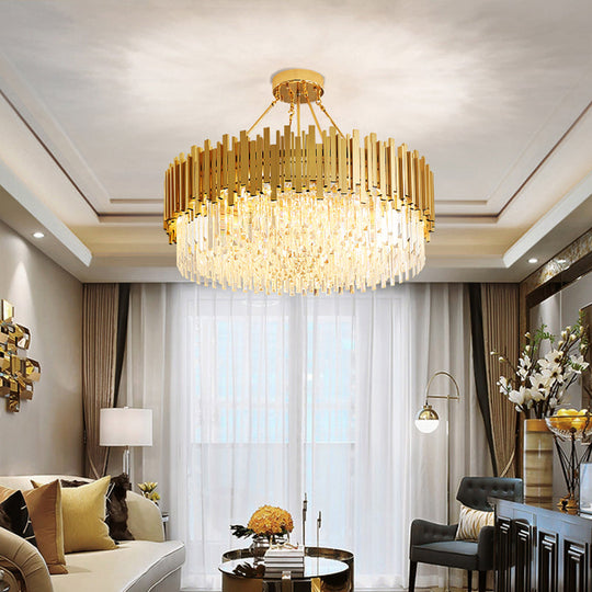 Minimalist Gold Chandelier - 6-Light Drum Crystal Pendant For Living Room Ceiling