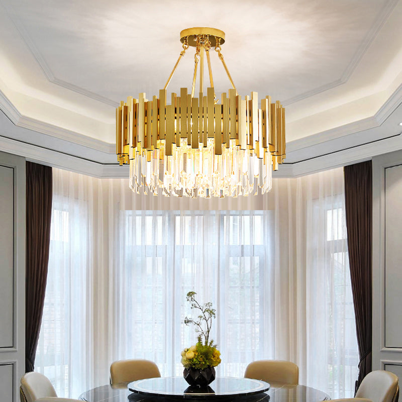 Minimalist Gold Chandelier - 6-Light Drum Crystal Pendant For Living Room Ceiling