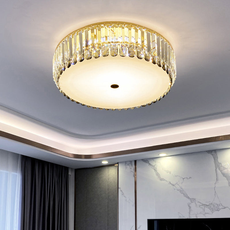 Crystal Led Flush - Mount Ceiling Light With Brass Finish Drum Shape - Simplistic Elegance