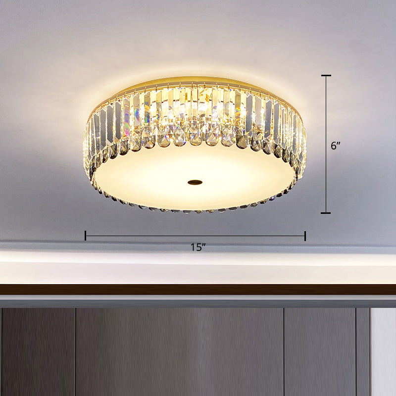 Crystal Led Flush-Mount Ceiling Light With Brass Finish Drum Shape - Simplistic Elegance / 15
