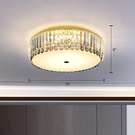 Crystal Led Flush-Mount Ceiling Light With Brass Finish Drum Shape - Simplistic Elegance / 15