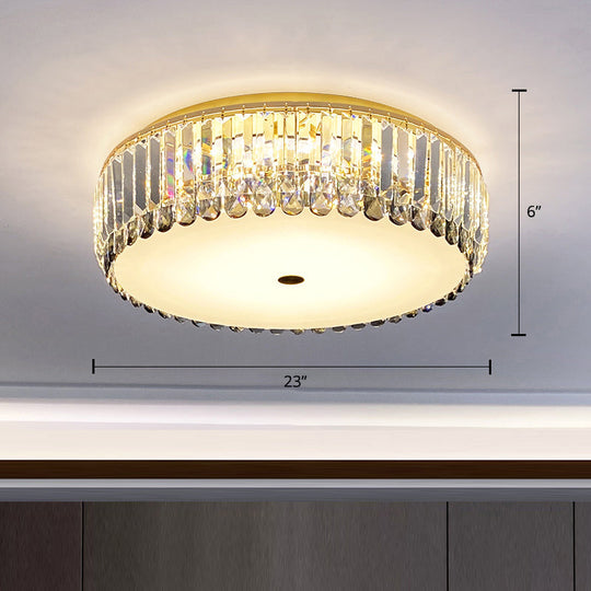 Crystal Led Flush-Mount Ceiling Light With Brass Finish Drum Shape - Simplistic Elegance / 23
