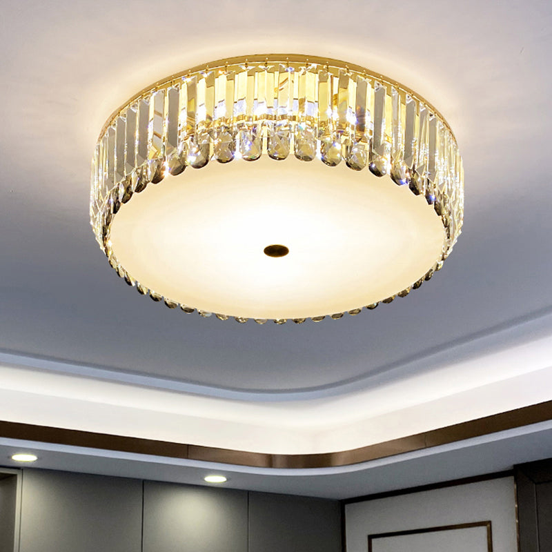 Crystal Led Flush - Mount Ceiling Light With Brass Finish Drum Shape - Simplistic Elegance