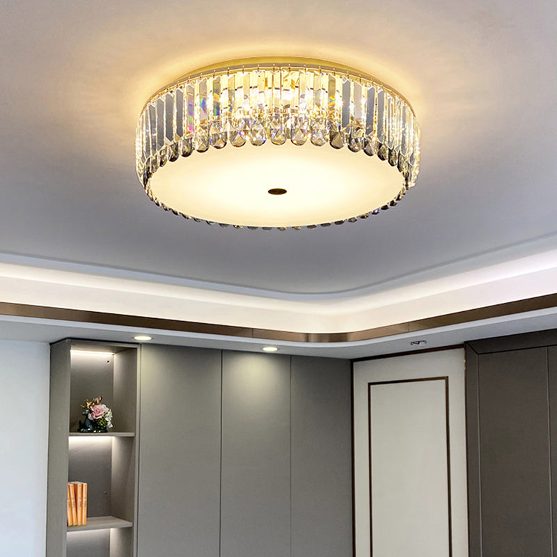 Crystal Led Flush - Mount Ceiling Light With Brass Finish Drum Shape - Simplistic Elegance