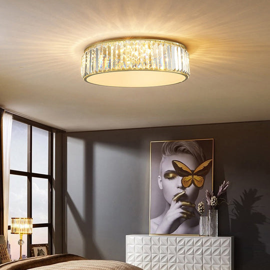 Modern Led Crystal Drum Flush Mount Ceiling Light Fixture For Bedrooms