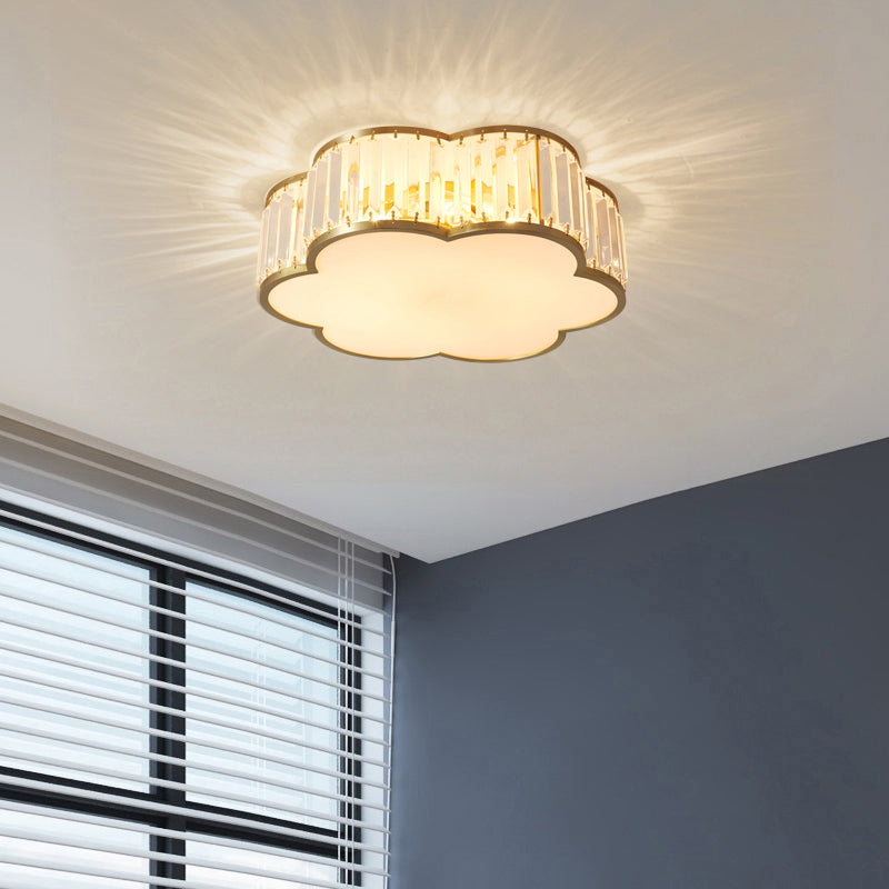 Floral Ceiling Light With Brass Finish Simplicity Design 3-Light Crystal Flush Mount Fixture For