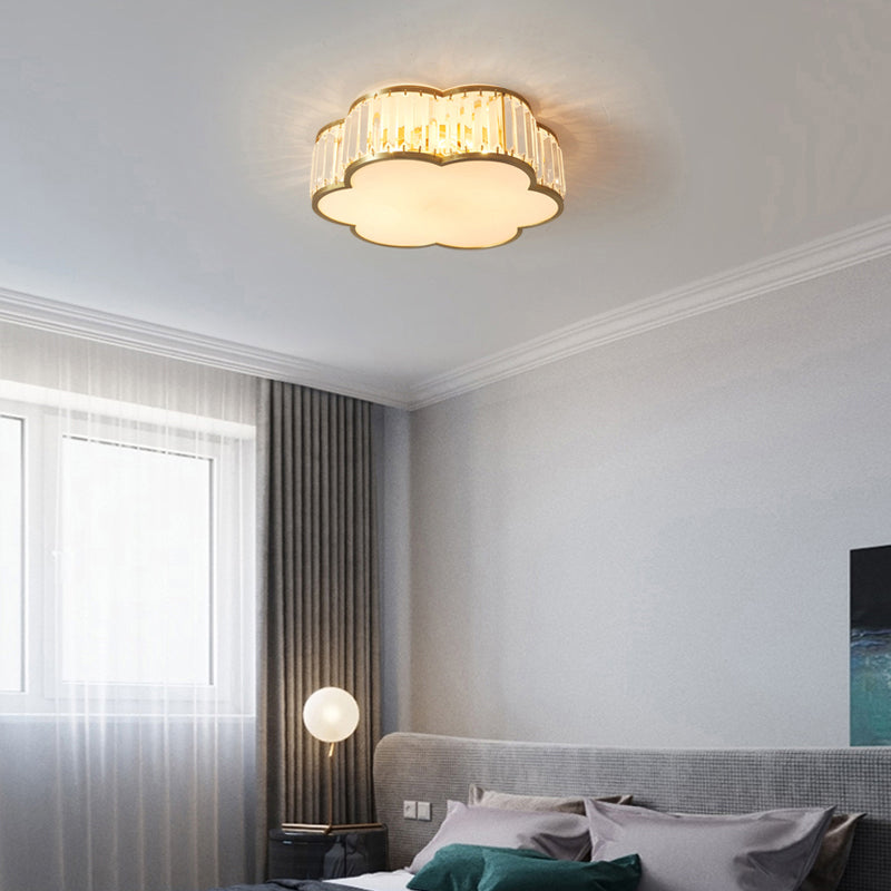 Floral Ceiling Light With Brass Finish Simplicity Design 3-Light Crystal Flush Mount Fixture For