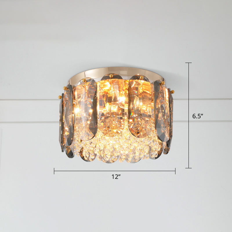 Modern 3-Light Brass Drum Flushmount Crystal Ceiling Light For Corridor / 12
