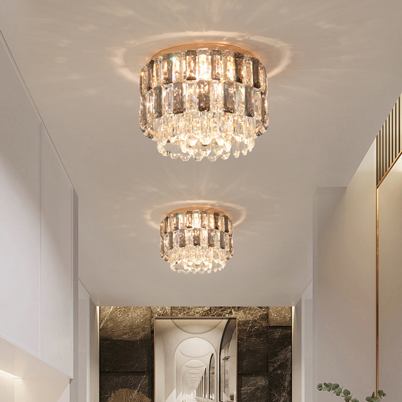 Modern 3-Light Brass Drum Flushmount Crystal Ceiling Light For Corridor