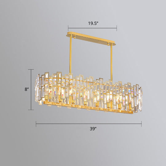 Modern Gold Drum Pendant Lamp With Crystal Rods - Tri-Sided Bedroom Chandelier Light / 39’’