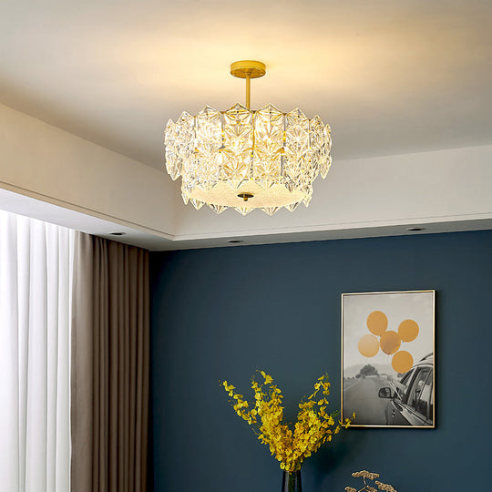 Gold Minimalist Chandelier With Crystal Hexagonal Shade - Living Room Ceiling Suspension Lamp