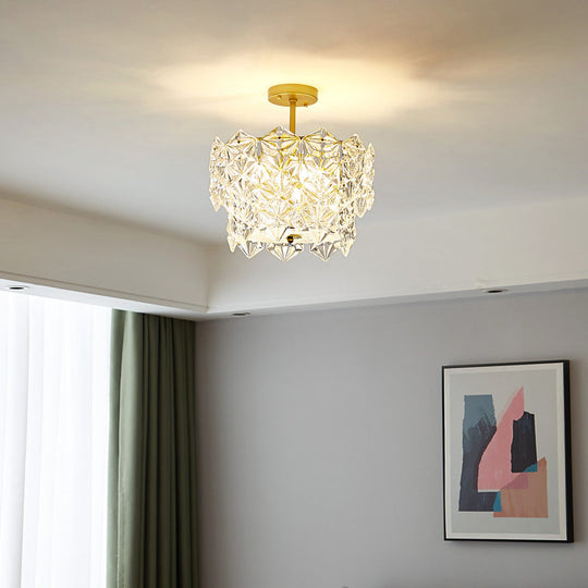 Gold Minimalist Chandelier With Crystal Hexagonal Shade - Living Room Ceiling Suspension Lamp
