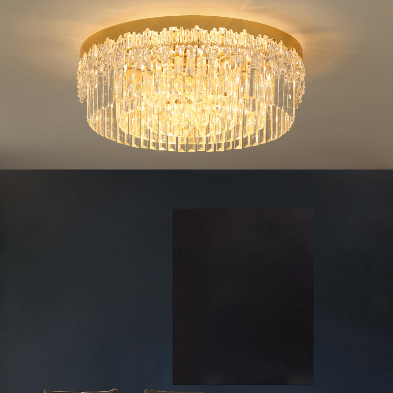 Modern Crystal Gold Flush Mount Light With Tri - Sided Drum Shape