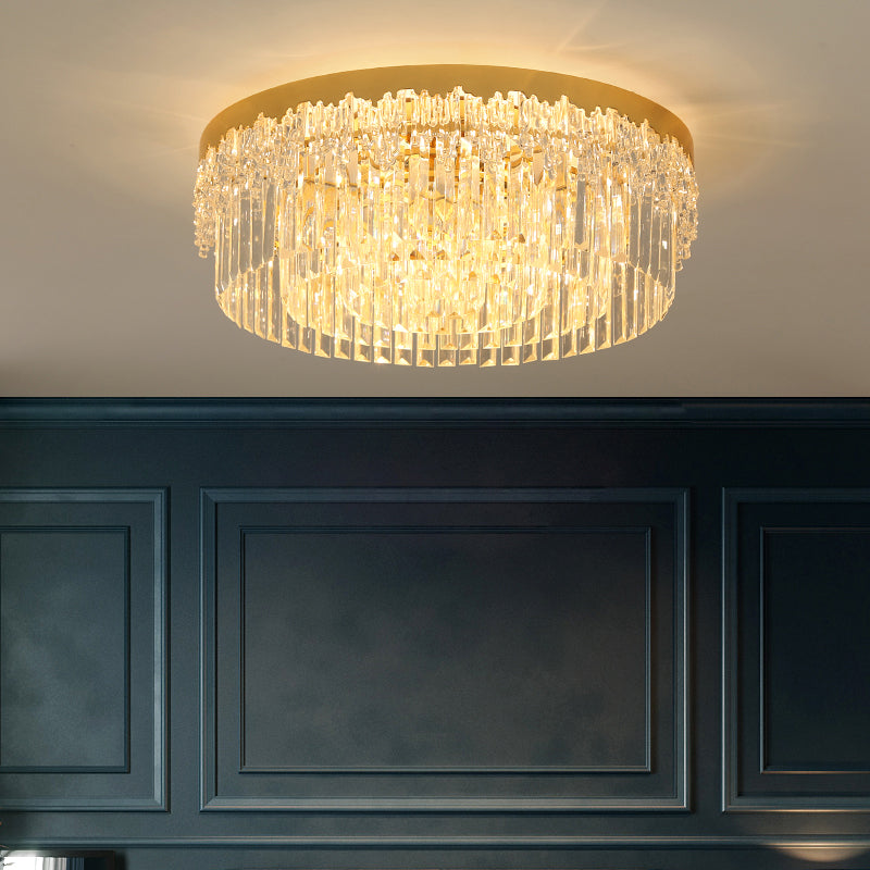 Modern Crystal Gold Flush Mount Light With Tri - Sided Drum Shape