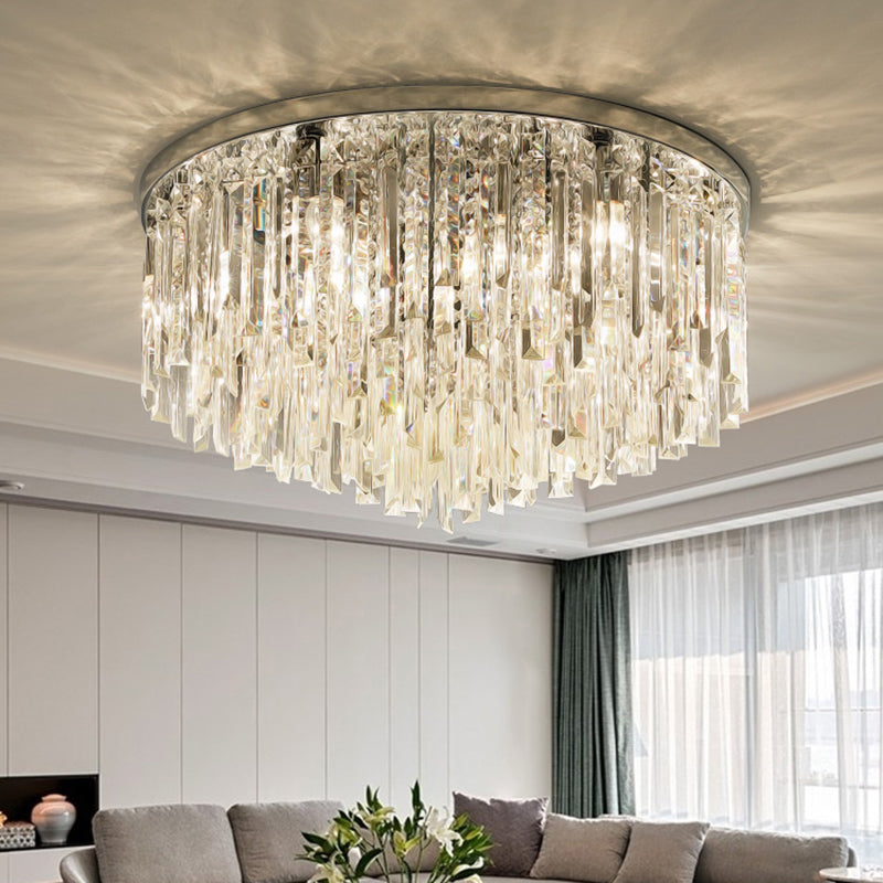 Modern Round Flushmount Bedroom Ceiling Light With Clear Crystal Icicles