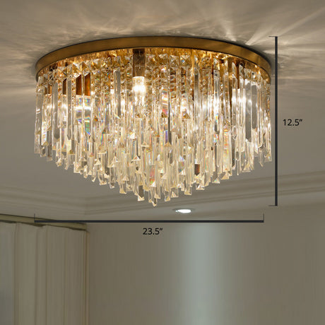 Modern Round Flushmount Bedroom Ceiling Light With Clear Crystal Icicles Brass / 23.5