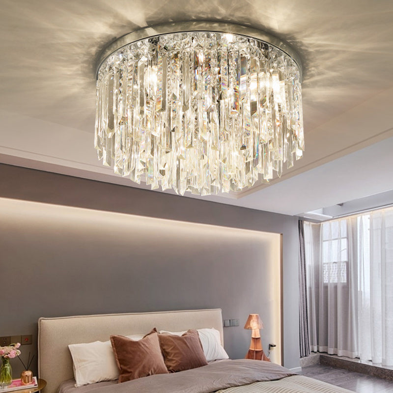 Modern Round Flushmount Bedroom Ceiling Light With Clear Crystal Icicles