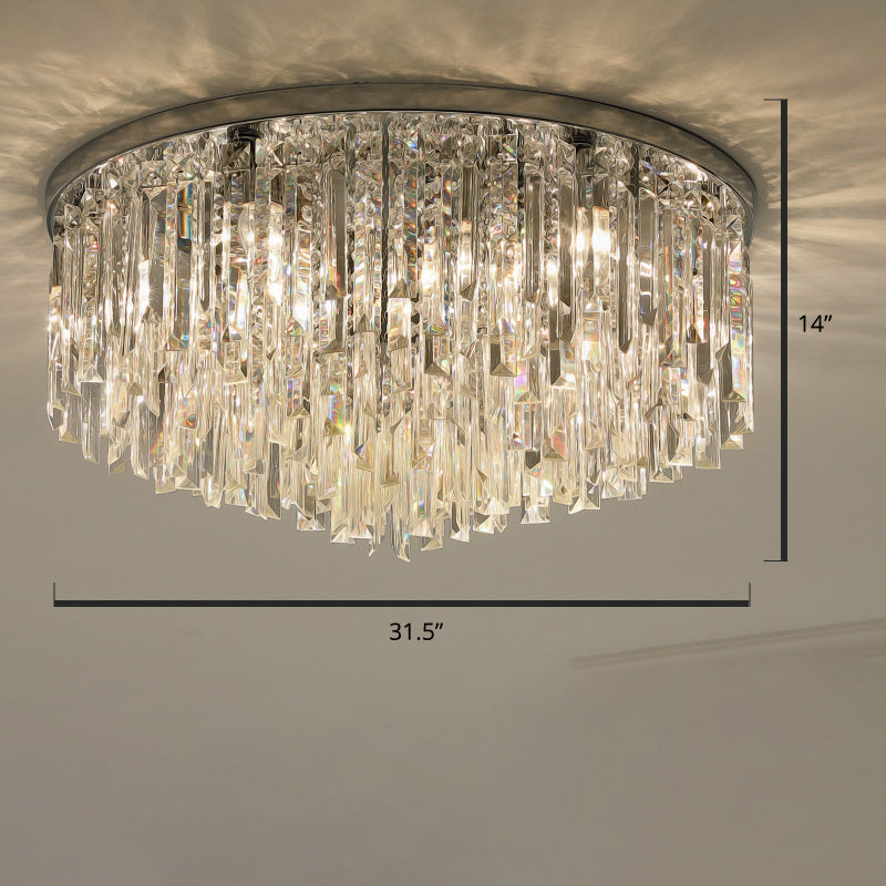 Modern Round Flushmount Bedroom Ceiling Light With Clear Crystal Icicles Chrome / 31.5