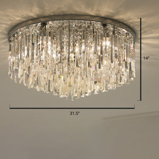 Modern Round Flushmount Bedroom Ceiling Light With Clear Crystal Icicles Chrome / 31.5
