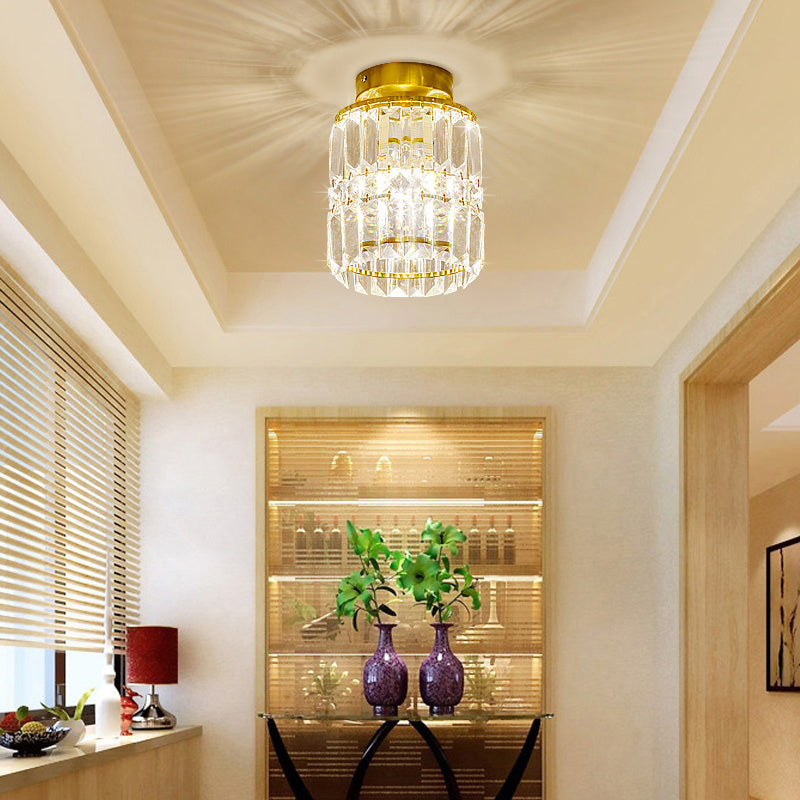 Simple Crystal Cylinder Ceiling Light With Brass Finish - Semi - Mount Kitchen Lighting