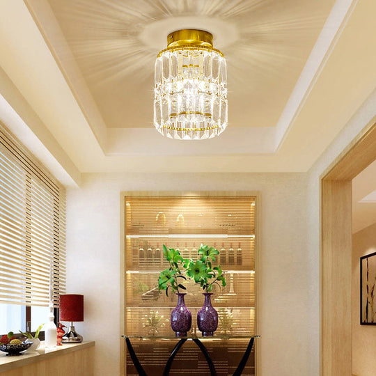 Simple Crystal Cylinder Ceiling Light With Brass Finish - Semi - Mount Kitchen Lighting