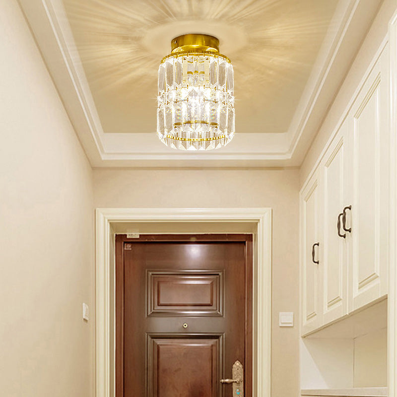 Simple Crystal Cylinder Ceiling Light With Brass Finish - Semi - Mount Kitchen Lighting