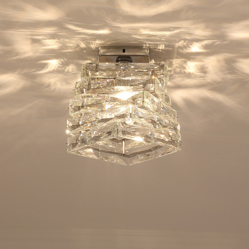 Crystal Spiral Square Ceiling Lamp - Modern 1-Light Semi Mount For Hallways Clear