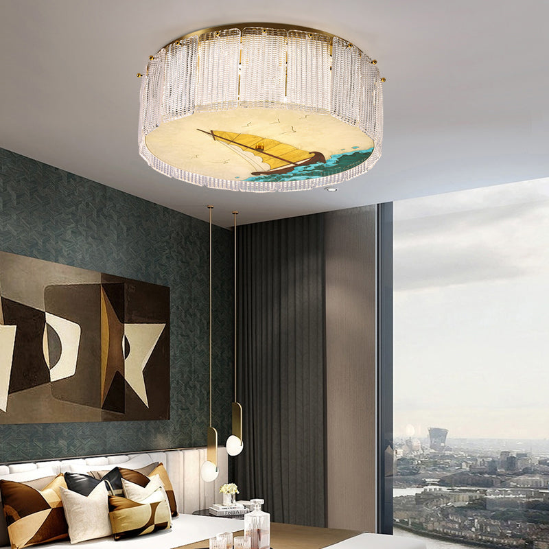 Gold Led Crystal Flush Ceiling Light: Hand-Painted Drum Design Modern Bedroom Fixture