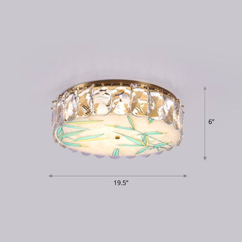 Gold Led Crystal Flush Ceiling Light: Hand-Painted Drum Design Modern Bedroom Fixture / Bamboo