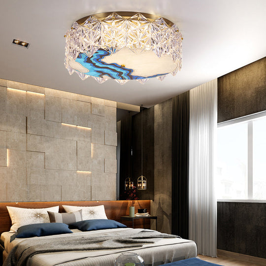Gold Led Crystal Flush Ceiling Light: Hand - Painted Drum Design Modern Bedroom Fixture
