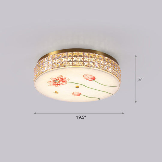 Gold Led Crystal Flush Ceiling Light: Hand-Painted Drum Design Modern Bedroom Fixture / Flower