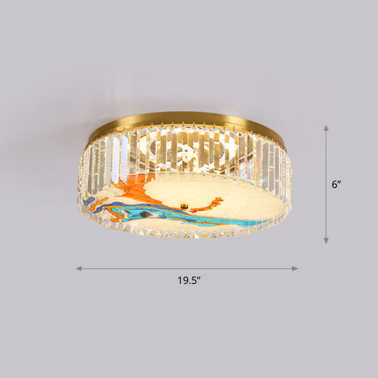 Gold Led Crystal Flush Ceiling Light: Hand-Painted Drum Design Modern Bedroom Fixture / River