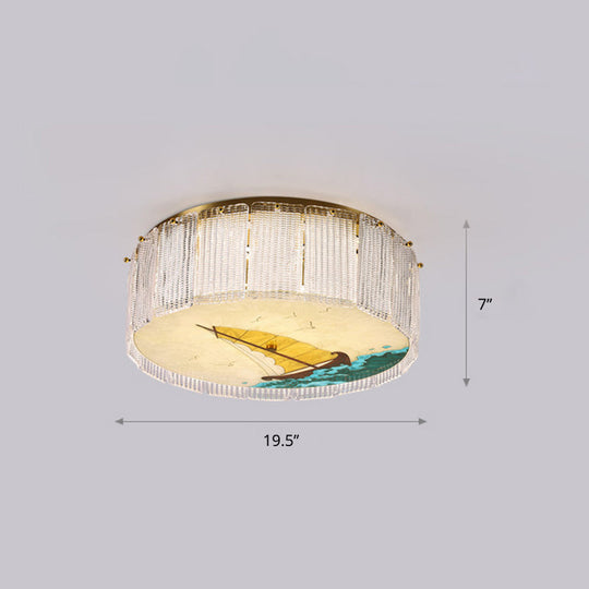 Gold Led Crystal Flush Ceiling Light: Hand - Painted Drum Design Modern Bedroom Fixture / Boat