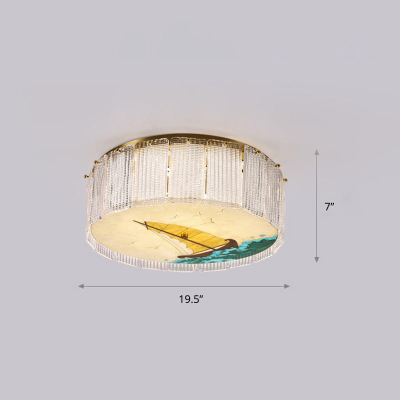 Gold Led Crystal Flush Ceiling Light: Hand-Painted Drum Design Modern Bedroom Fixture / Boat